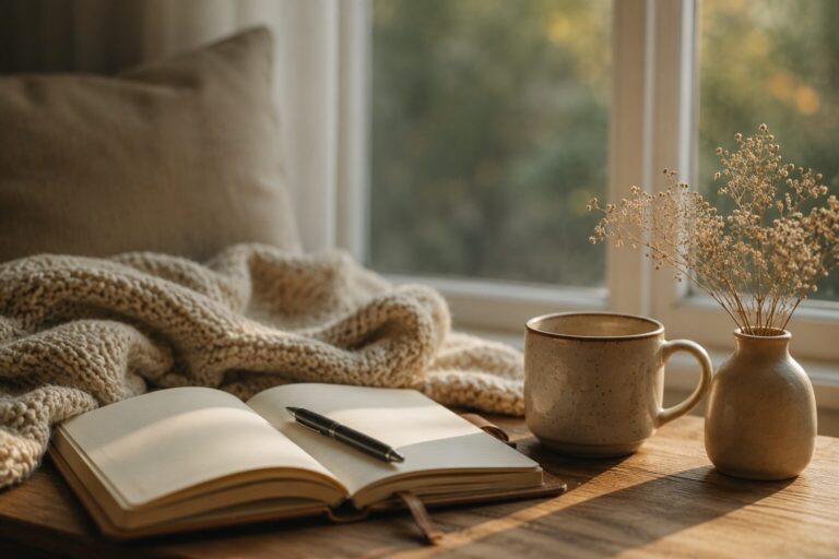 Peaceful scene of an open book on a table near window with the sunshine.