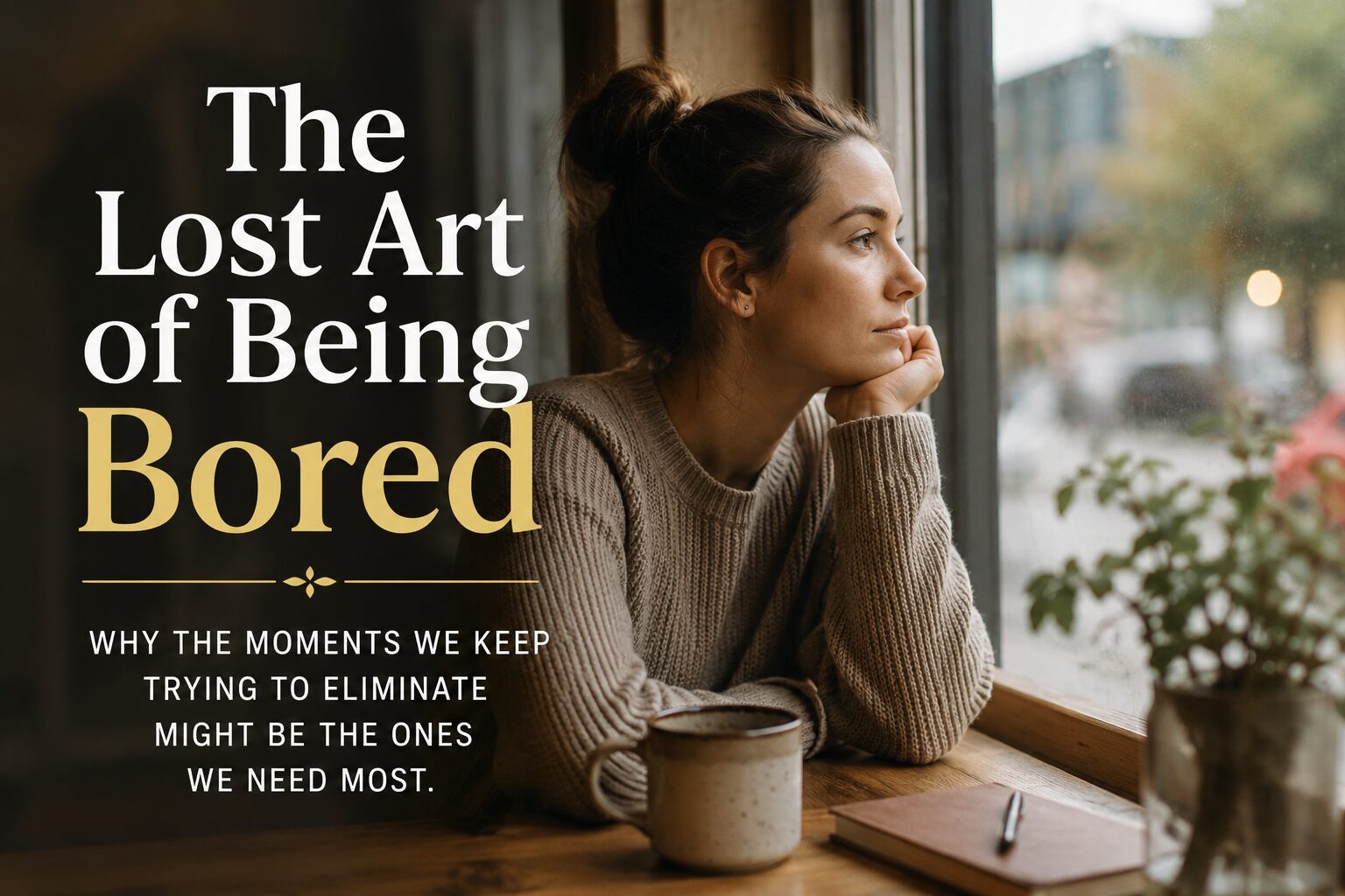 Image of a woman looking on a window with text overlay “the lost start of being bored“